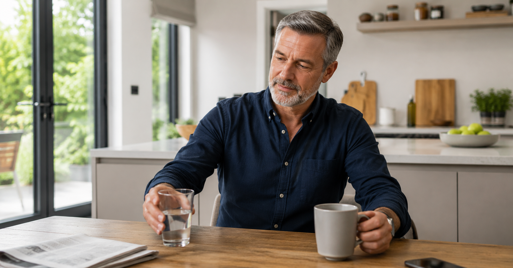 Man choosing water over coffee to manage enlarged prostate symptoms