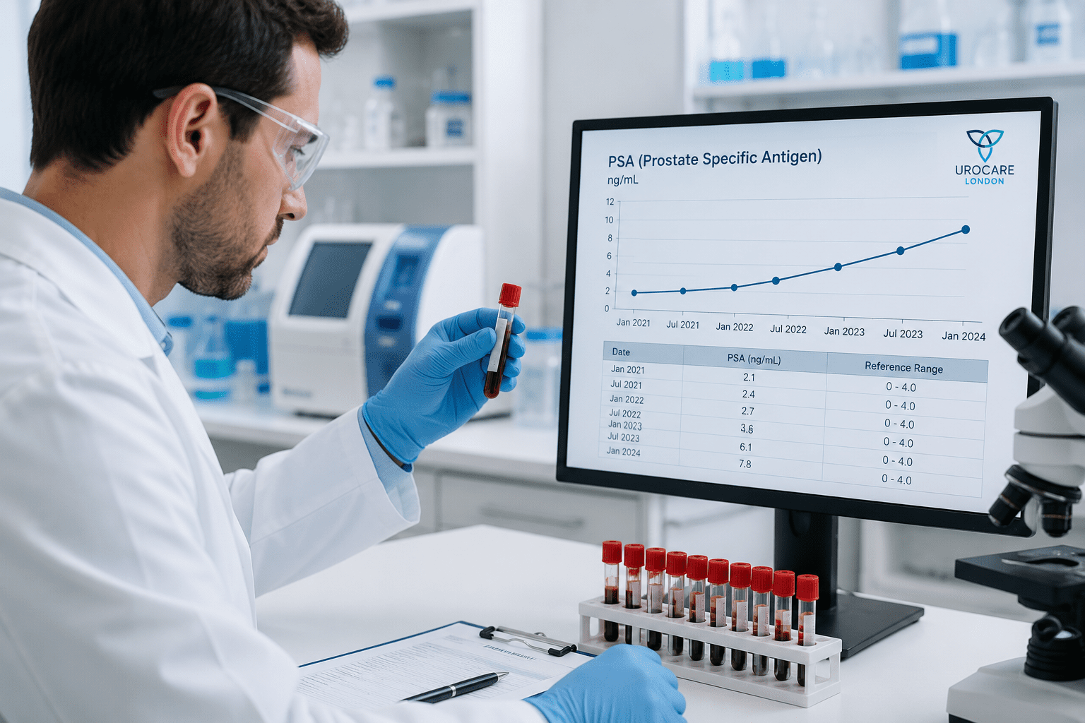 PSA blood test sample being analysed in a clinical laboratory