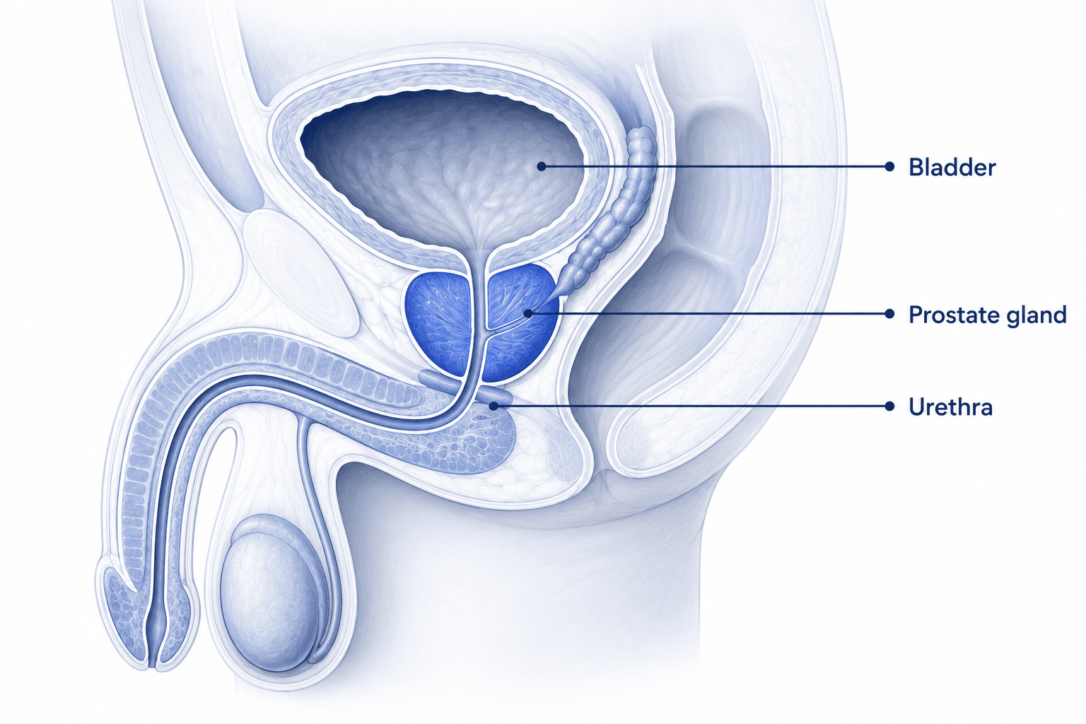 Anatomy diagram showing the prostate gland, bladder and urethra - Urocare London